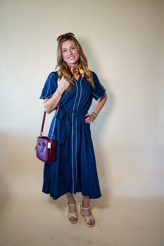 Navy Contrast Detail Belt Dress