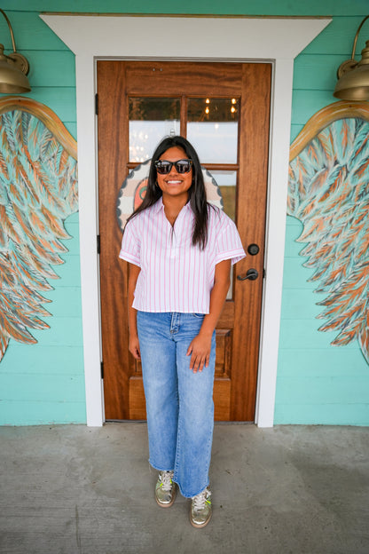 Pink Striped Short Sleeve Button Top