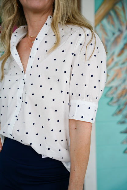 White & Navy Polka Dot Puff Sleeve Top