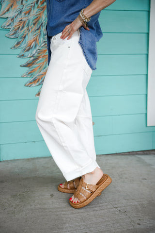 White Mid Rise Barrel Jeans
