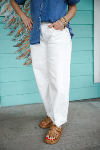 White Mid Rise Barrel Jeans