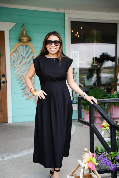 Black Pleated Waist Midi Dress