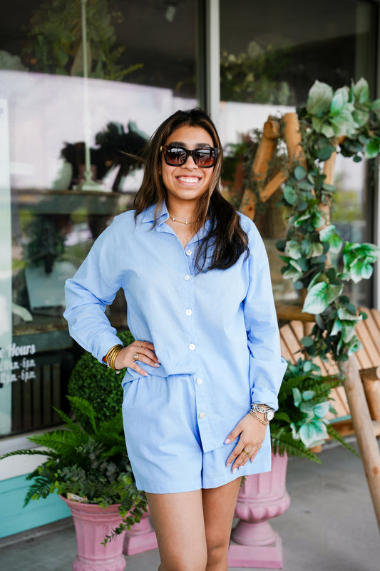 Blue Button Down Shirt and Shorts Set