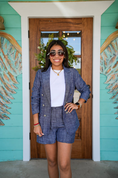 Denim Blue 3/4 Sleeve Blazer