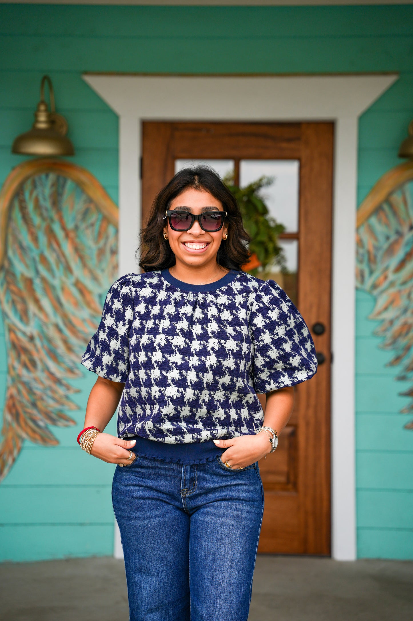 Navy Houndstooth Jacquard Top