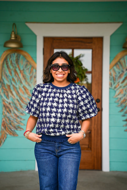 Navy Houndstooth Jacquard Top