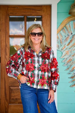 Queen of Sparkles Red Plaid Poinsettia Top