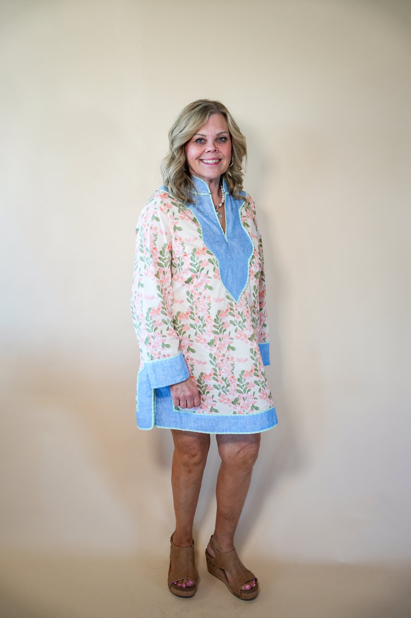 THML Pink Floral Chambray Detail Dress