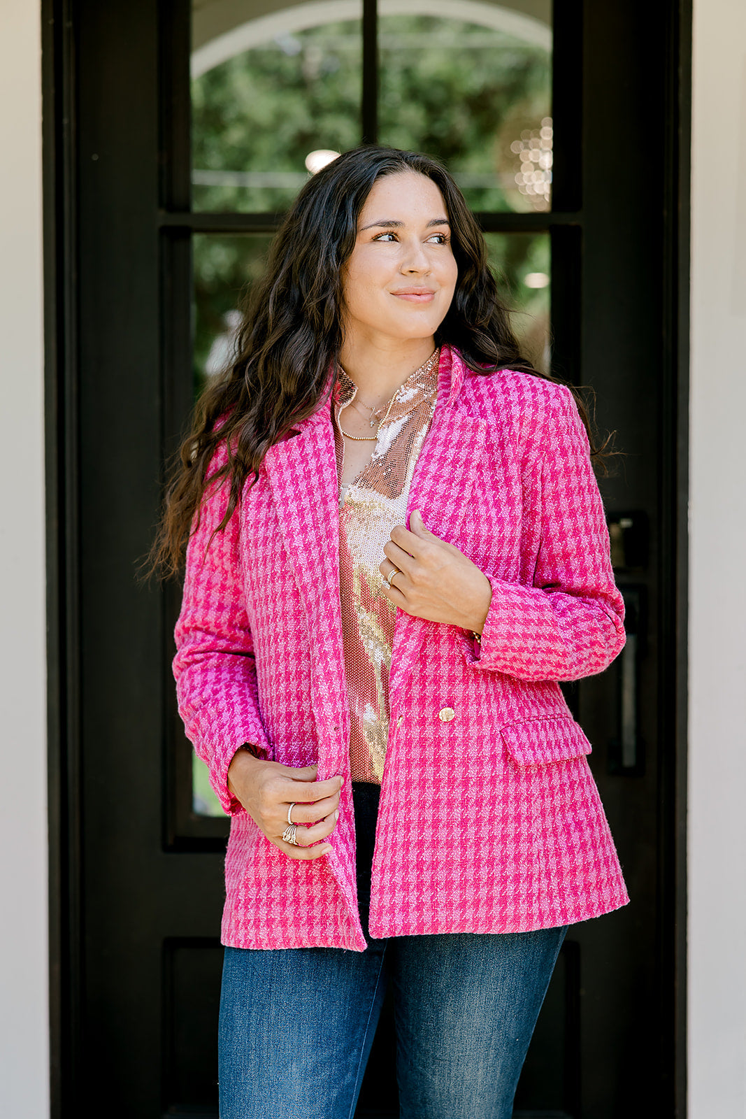 Layerz Elle Pink Houndstooth Blazer