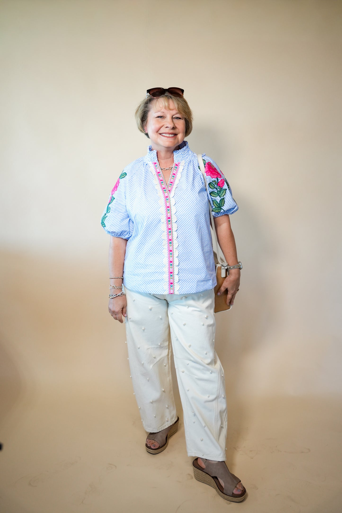 Ecru Pearl Embellished Barrel Denim