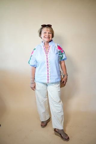 Ecru Pearl Embellished Barrel Denim
