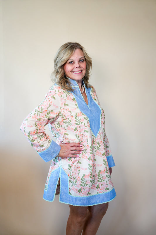 THML Pink Floral Chambray Detail Dress