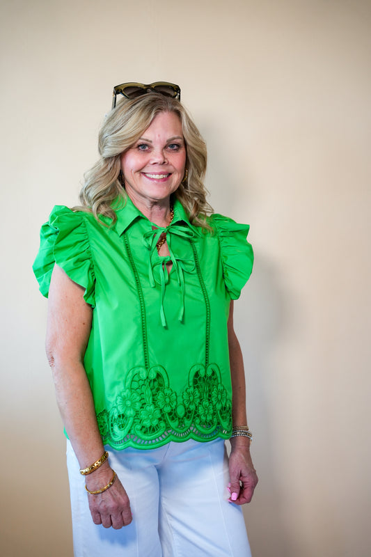 Green Embroidered Flutter Mila Top