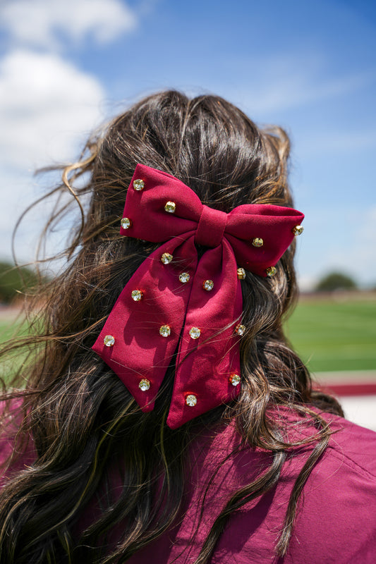 Maroon & White Rhinestone Hair Bow
