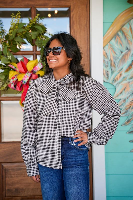 Black Gingham Sadie Tie Detail Top
