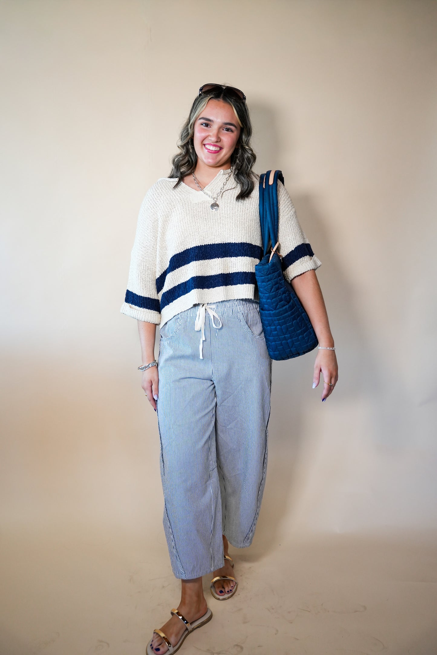 Navy Stripe Notch 3/4 Sweater Top