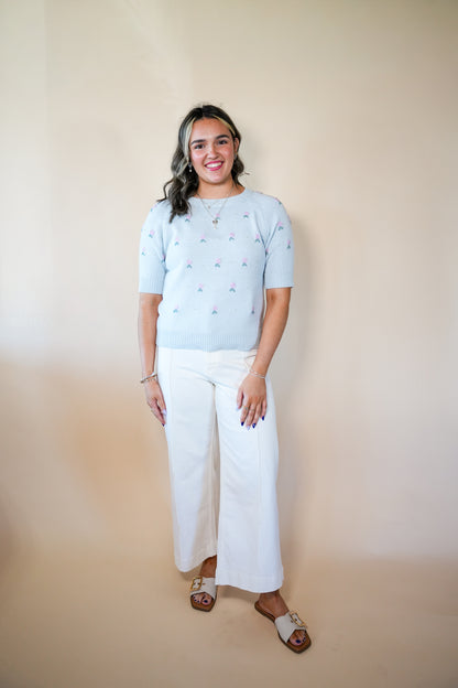 Aqua Floral Embroidered Pearl Top