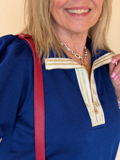 Andie Navy Stripe Neck Trim Dress