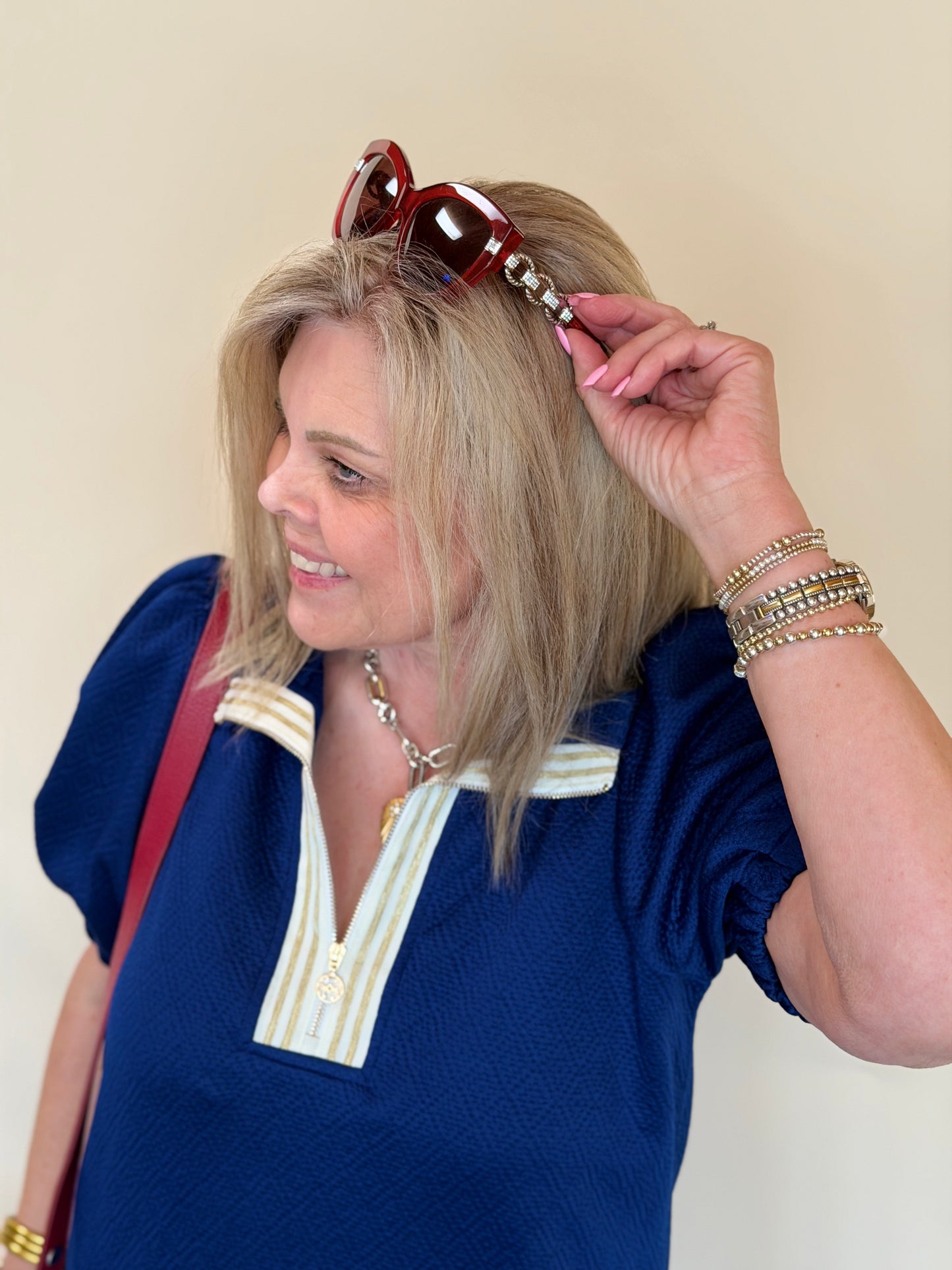 Andie Navy Stripe Neck Trim Dress