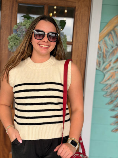 Cream Stripe Sleeveless Knit Top