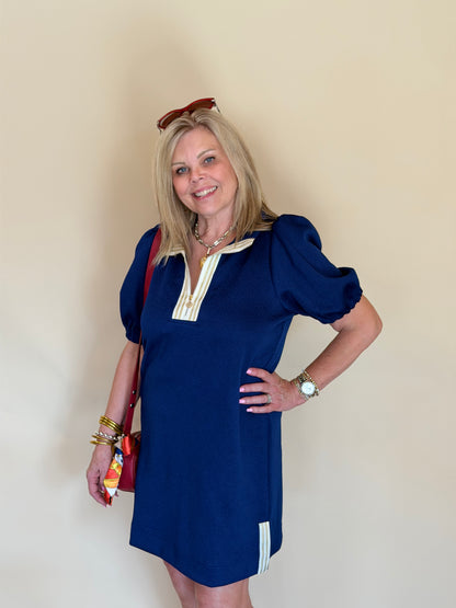 Andie Navy Stripe Neck Trim Dress