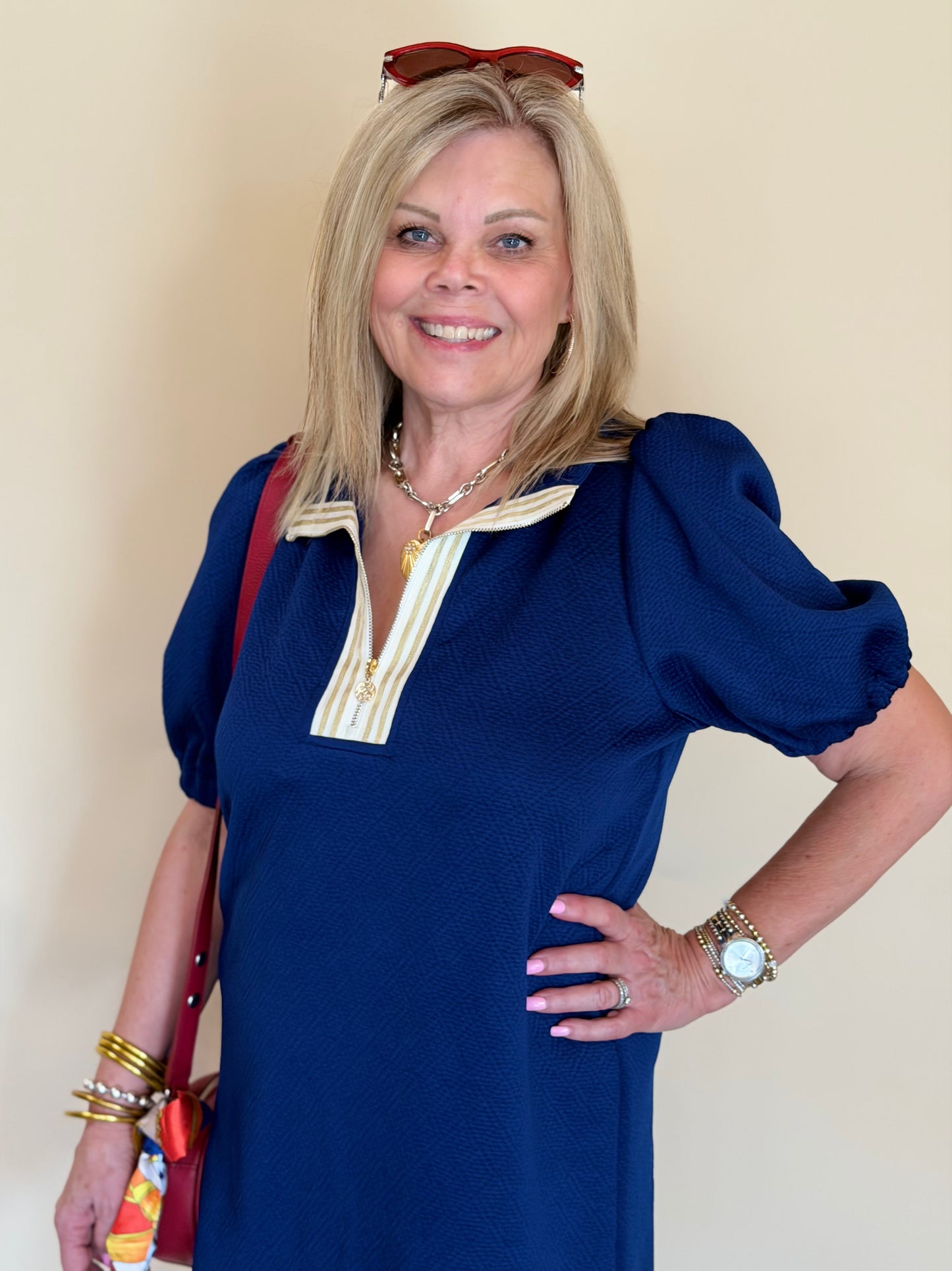 Andie Navy Stripe Neck Trim Dress