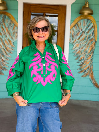Rose & Green Baroque Embroidered Top