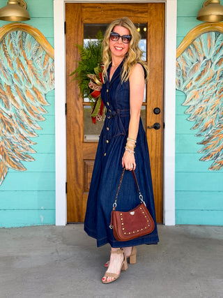 Denim Gold Button Midi Dress