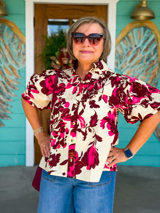 Wine & Pink Floral Print Top