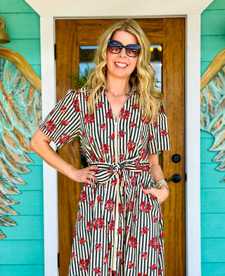 Charcoal Stripe Floral Zip Detail Dress