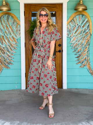 Charcoal Stripe Floral Zip Detail Dress