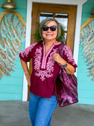 Burgundy & Pink Embroidered Detail Top