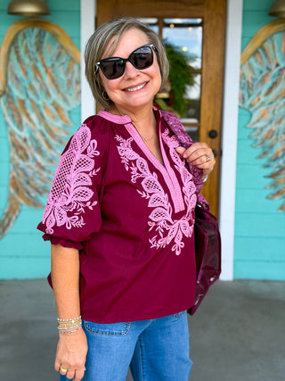 Burgundy & Pink Embroidered Detail Top