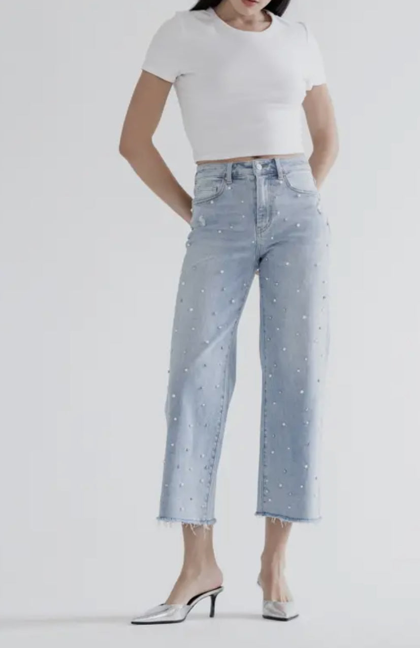 Mica Rhinestone Pearl Wide Leg Denim