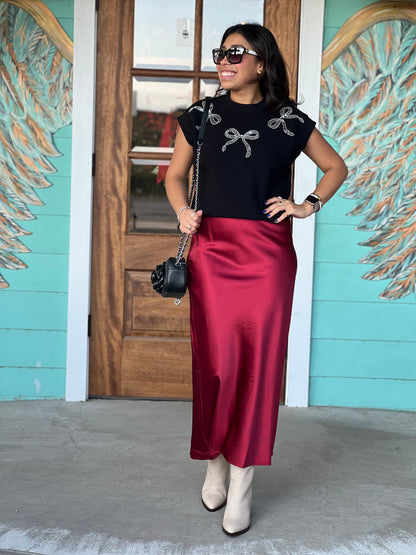 Burgundy Satin Midi Skirt