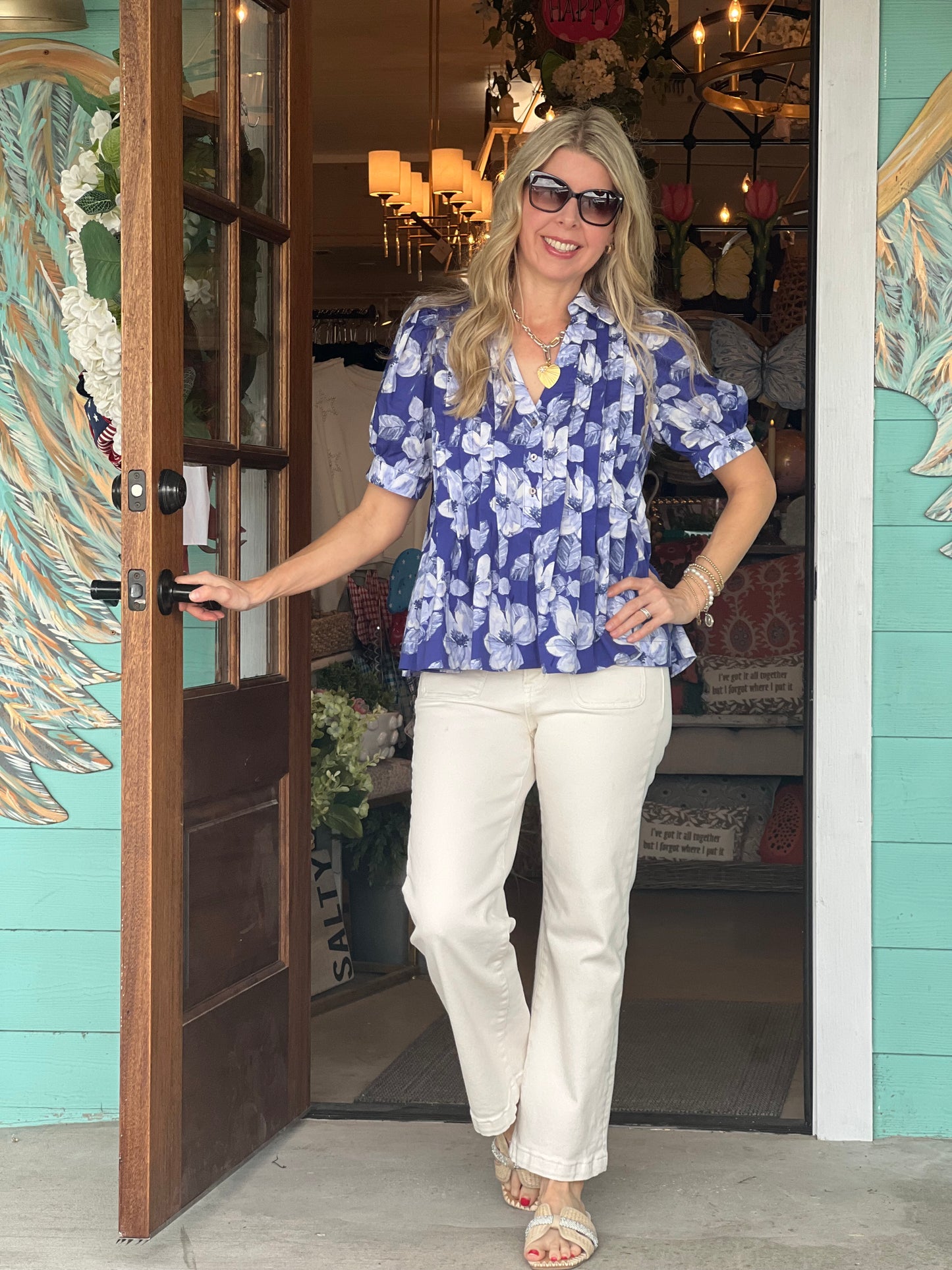 Indigo Floral Pleated Top