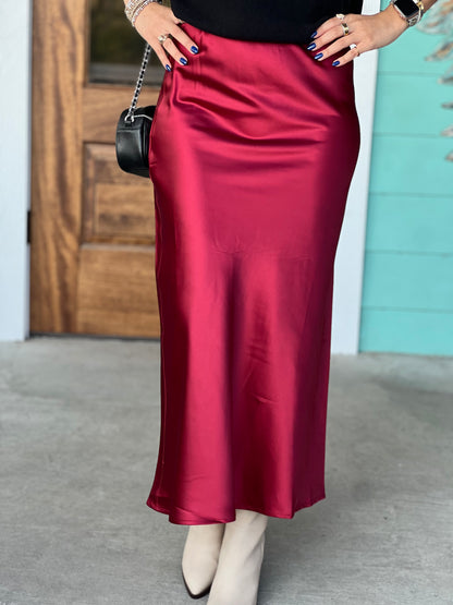 Burgundy Satin Midi Skirt