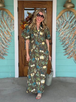Chocolate Floral Puff Sleeve Midi Dress