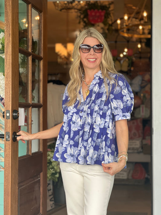 Indigo Floral Pleated Top