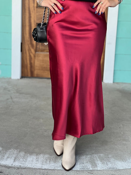 Burgundy Satin Midi Skirt