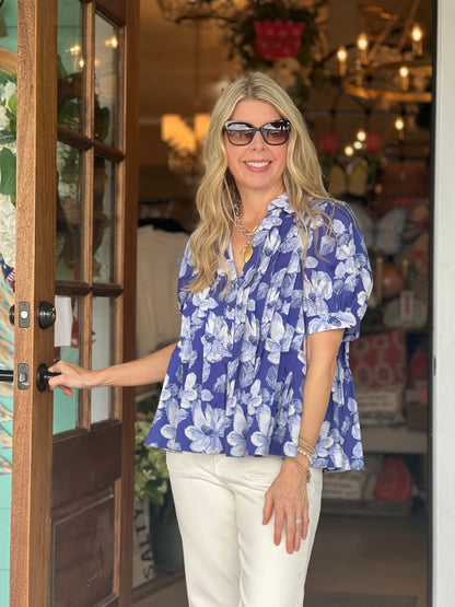 Indigo Floral Pleated Top