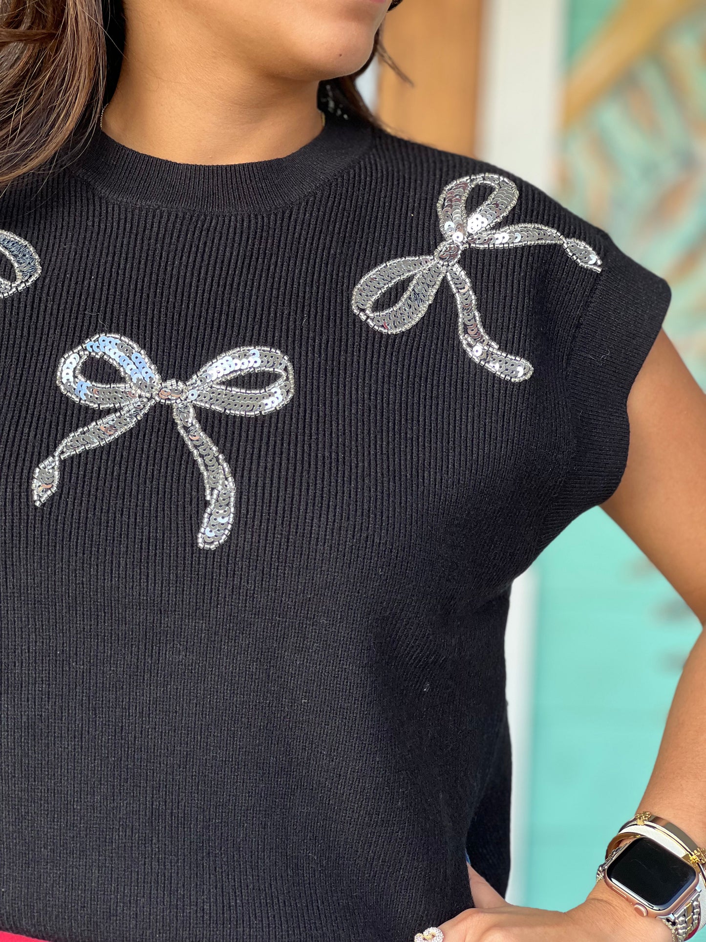 Black Beaded Bow Sweater Top