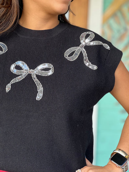 Black Beaded Bow Sweater Top