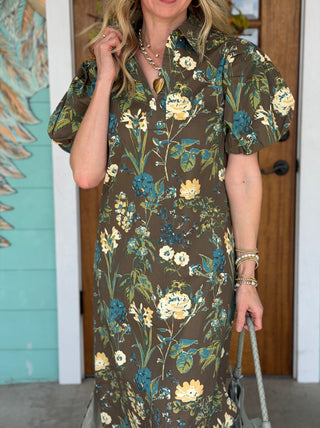 Chocolate Floral Puff Sleeve Midi Dress