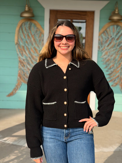 Black Stitch Pearl Detail Cardigan