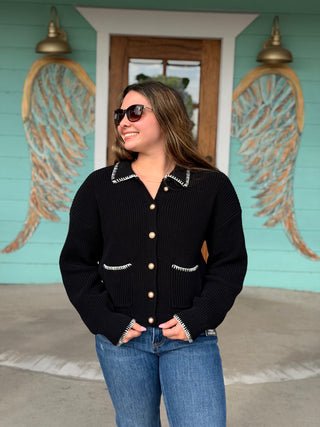 Black Stitch Pearl Detail Cardigan