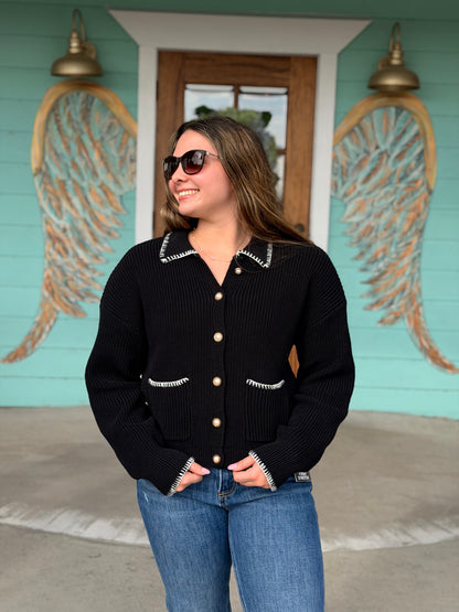 Black Stitch Pearl Detail Cardigan