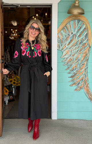 Black Floral Embroidered Bodice Midi Dress