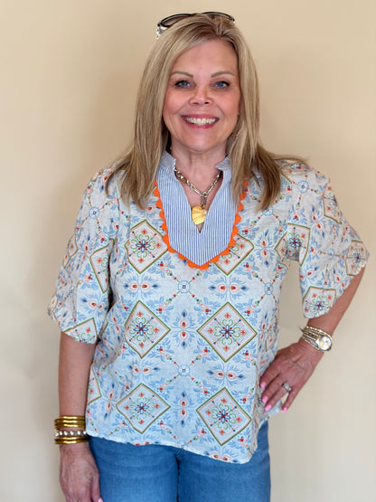 Slate Multi Print Embroidered Top