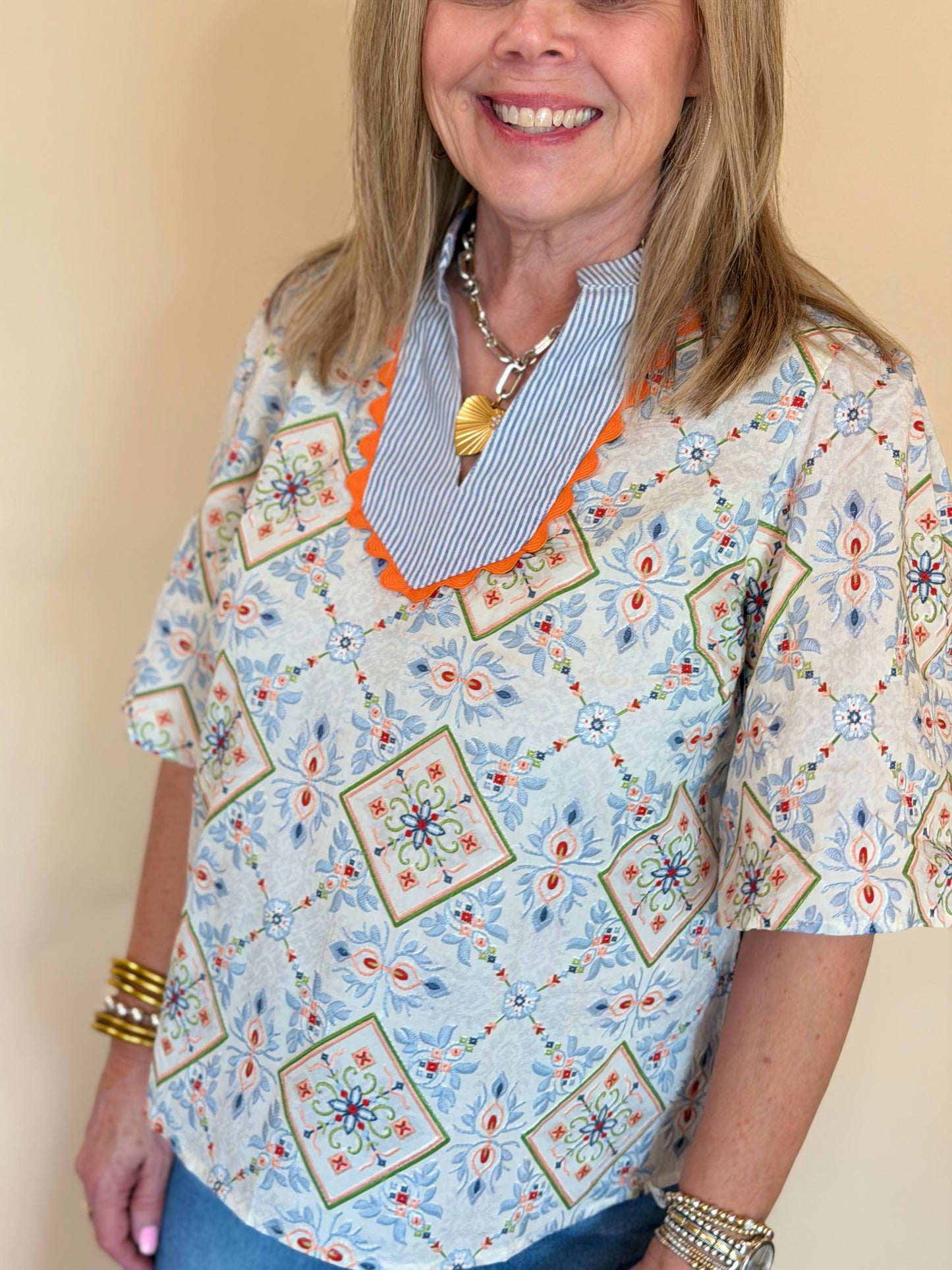 Slate Multi Print Embroidered Top